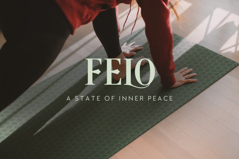 FELO wordmark and tagline over a person on a green yoga mat