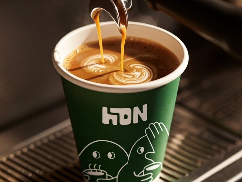 HDN green cup with ghost illustrations filling with espresso and latte art