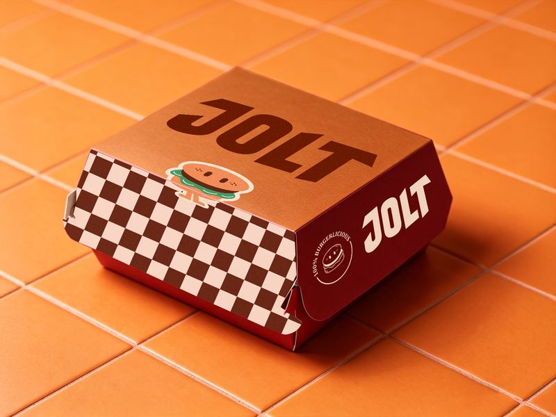Closed JOLT burger box with checkerboard pattern and burger mascot