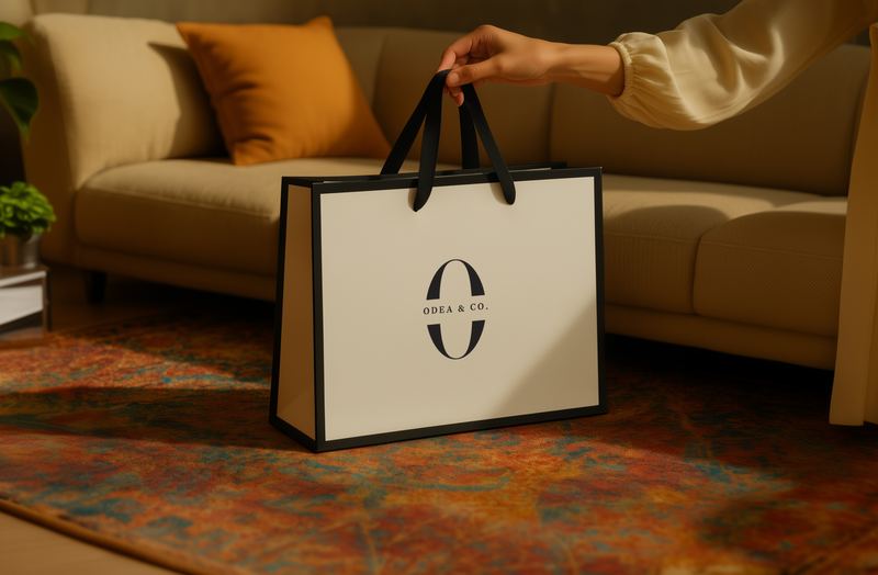 Hand holding a cream Odea & Co. shopping bag with black ribbon handles